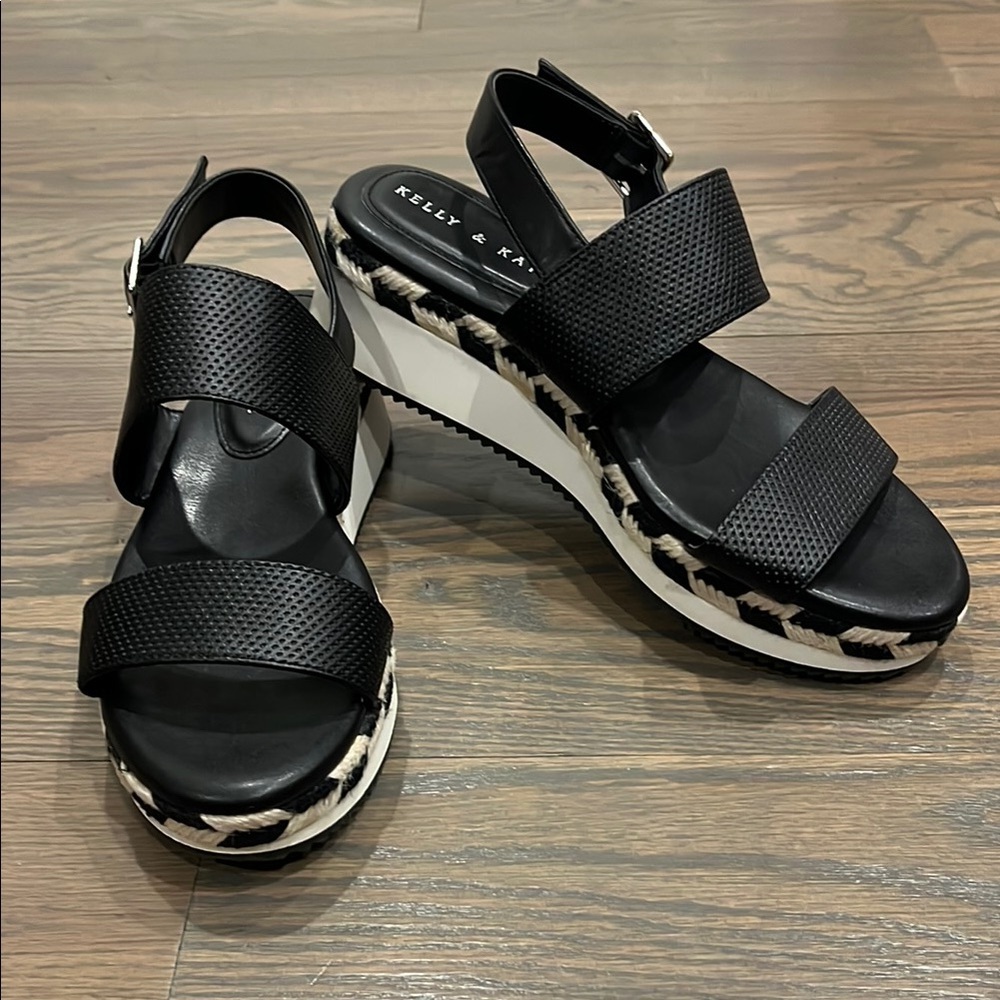 Kelly & Katie Black Sz 9 Leather Strap & Cream Poliana Espadrille Wedge Sandal